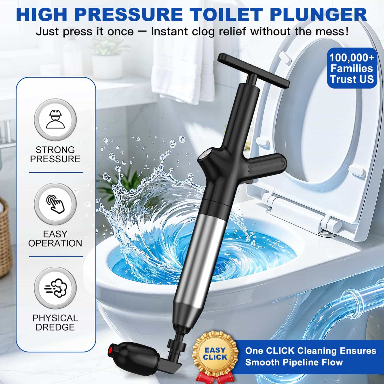 Plunger Toilet - トイレ用排水クリーナー、高圧トイレ用プランジャー、多機能排水口クリーナー。トイレ、洗面台、配管の詰まりに対応。