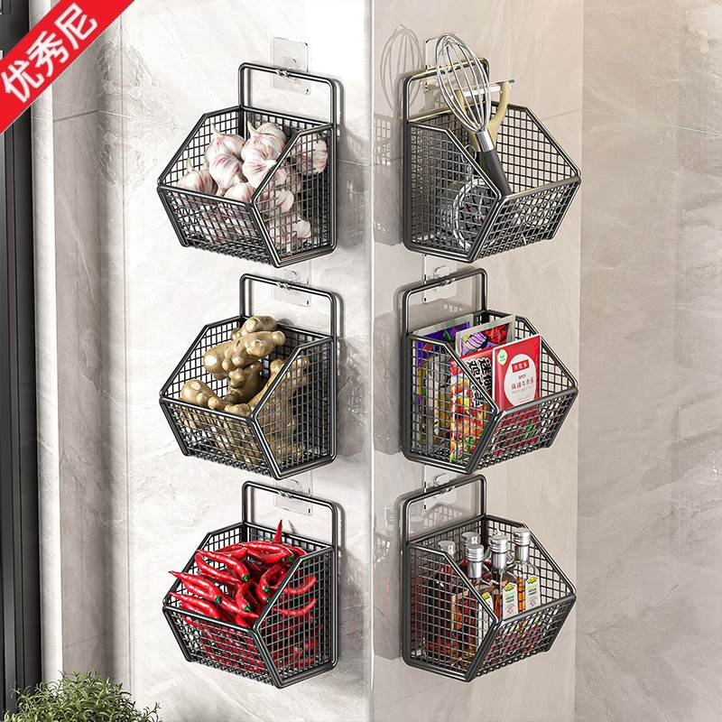 Home Essentials Bathroom Storage - 壁掛け式キッチン収納ボックス ニンニク・玉ねぎ・生姜ホルダー ステンレス製 浴室オーガナイザー 家庭必需品 穴あけ不要