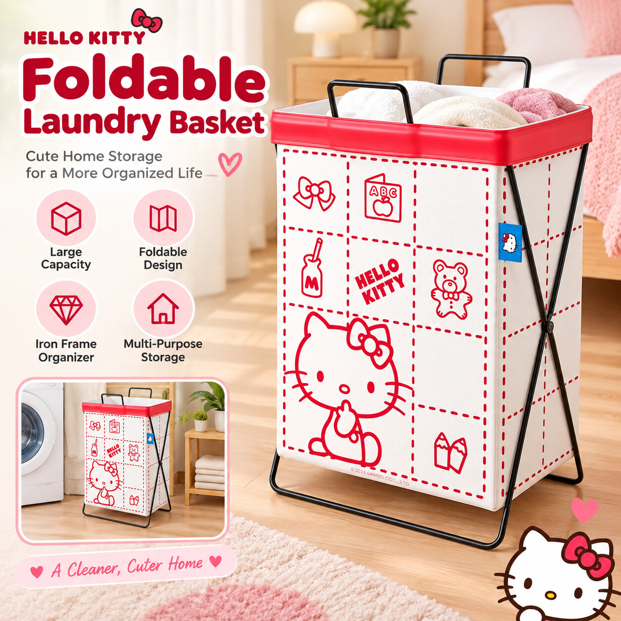 Home Edit Bathroom Storage - シナモロール、クロミ、サンリオ、スチールフレーム製、衣類収納かご、大容量ランドリーバスケット、家庭用、寝室用、洗濯物整理、収納容器