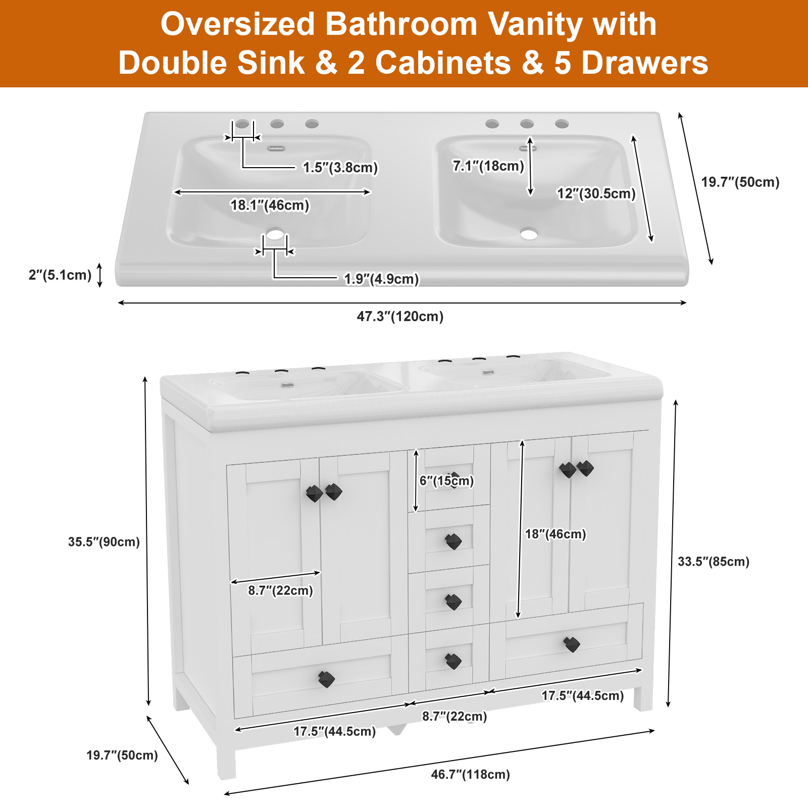 47.3インチの白い洗面台。セラミック製の二重シンクと、扉と - Home Bathroom Vanity Combo のレビューと価格