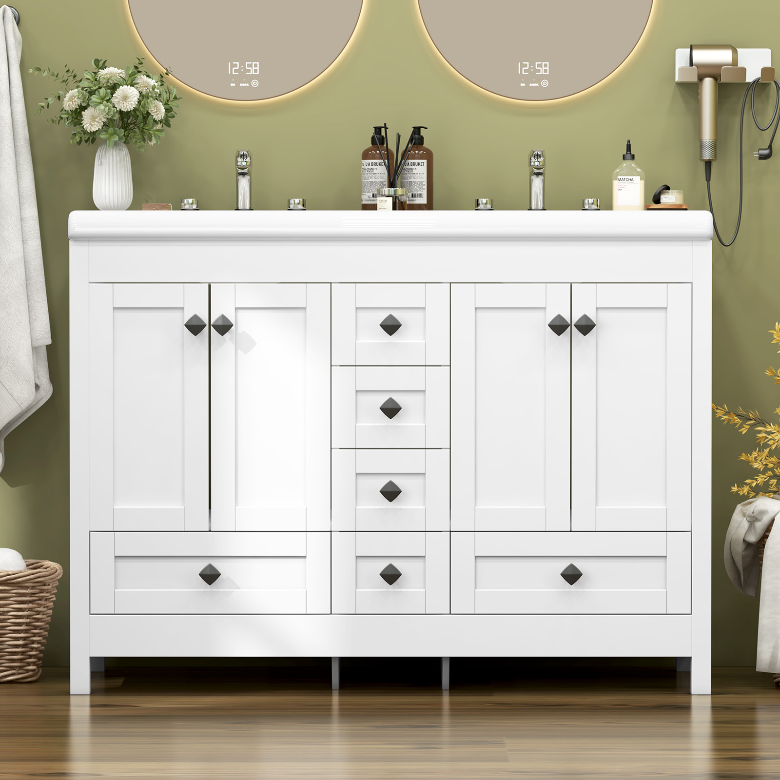 47.3インチの白い洗面台。セラミック製の二重シンクと、扉と - Home Bathroom Vanity Combo のレビューと価格